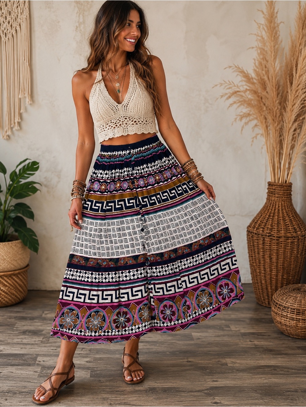 Symphony vintage One Size Boho Patchwork Midi Skirt Elastic Waist Button Front